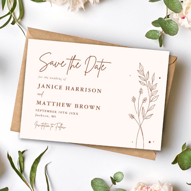 Minimalistisch Terracotta Burnt Orange Boho Weddin Save The Date (Minimalist terracotta boho save the date shares your date with warm charm and a personal touch)