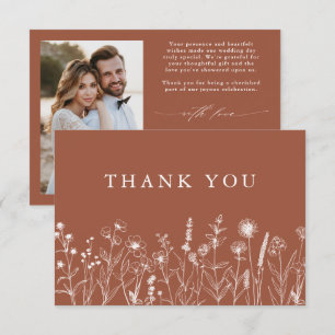 Minimalistisch Terracotta Wildblume Foto Hochzeit Dankeskarte