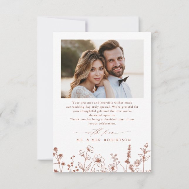Minimalistisch Terracotta Wildblume Foto Hochzeit Dankeskarte (Rückseite)