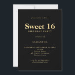 Minimalistisch Text Black Sweet 16 Geburtstagspart Einladung<br><div class="desc">Minimalistisch Text Black Gold Sweet 16 Geburtstagsparty. 100% anpassbar. Personalisieren Sie den Text einfach und ändern Sie Schriftart- und Hintergrundfarben,  wenn Sie es wünschen.</div>