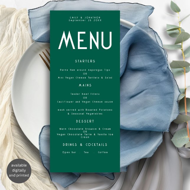 Minimalistisch Text Emerald Wedding Menu-Karte Einladung (Von Creator hochgeladen)