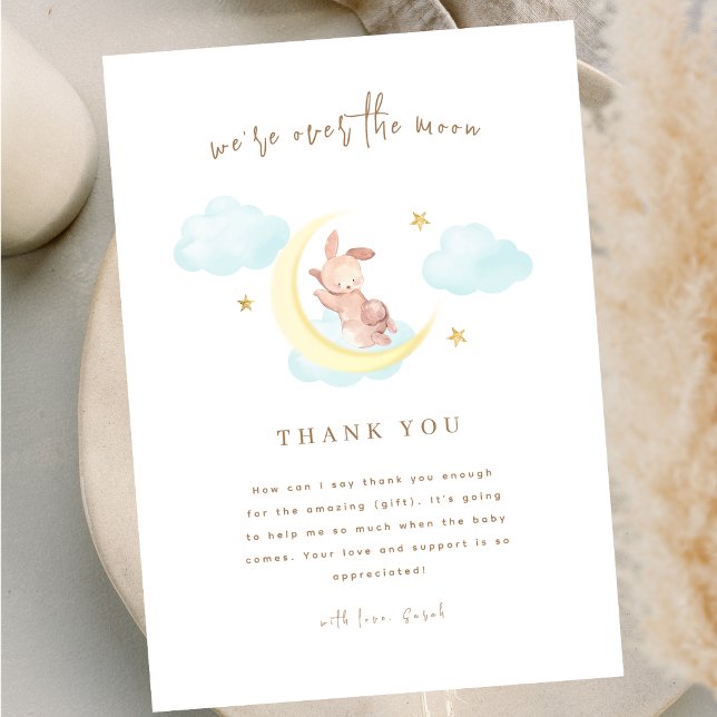 Minimalistisch über der Sonnendusche der Mondwolke Dankeskarte (Minimalist Over The Moon Bunny Cloud Baby Shower Thank You Card)