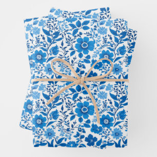 Minimalistisch Vintag Blue White Blumen chinoiseri Geschenkpapier Set