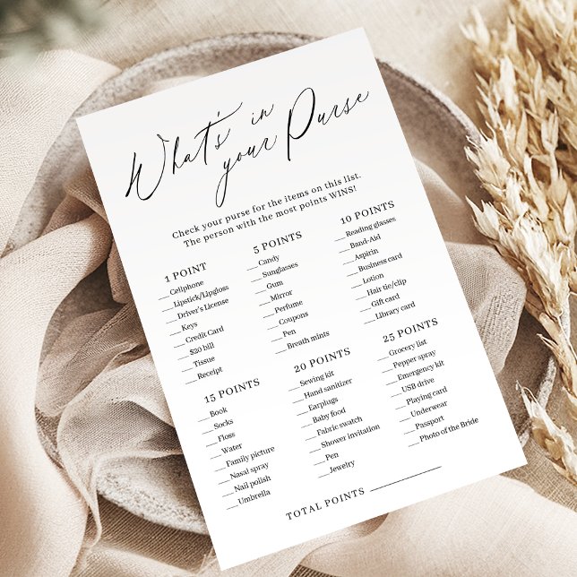 Minimalistisch, was in Ihrem Geldbeutel-Brautparty (Minimalist what's in your purse bridal shower game)