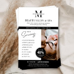 Minimalistisch Wellness-Center Salon Services Busi Flyer<br><div class="desc">Minimalistischer Business Marketing Flyer mit Platz für Ihr Monogramm oder Logo, Services, Kontaktdetails und ein individuelles Foto. Dieses berufliche Beauty-Salon oder die Wellness-Center Marketing-Broschüre verfügt über ein modernes Schwarz-Weiß-Design und ein Rabatt bieten Abzeichen, um neue Kunden zu gewinnen. Eine einfache Möglichkeit, Ihre Dienstleistungen zu bewerben und spezielle Rabatte für potenzielle...</div>