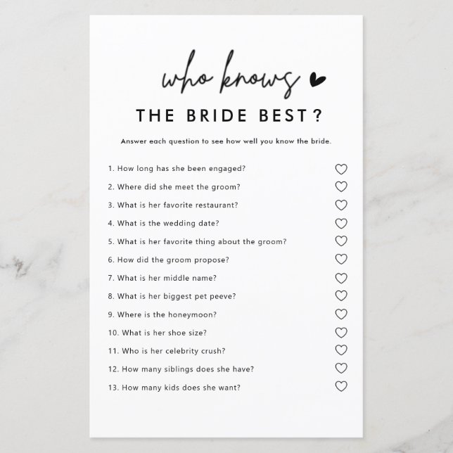 Minimalistisch wer das Bride Best Bridal Game kenn (Vorderseite)