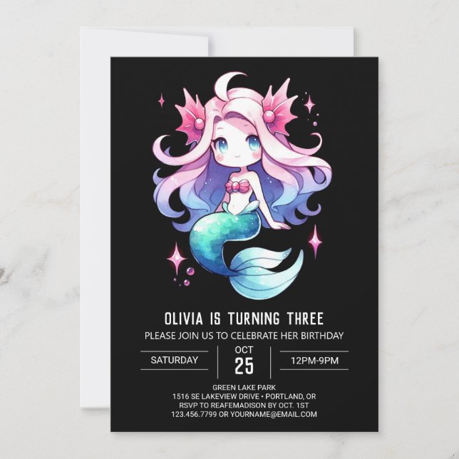 Minimalistisch Whimsy Mermaid Birthday Einladung (Vorderseite)