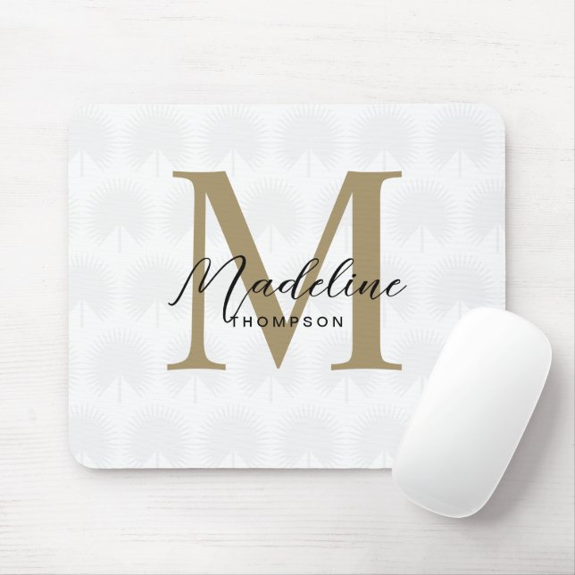 Minimalistisch White Gold Anahaw Leaf Script Monog Mousepad (Mit Mouse)