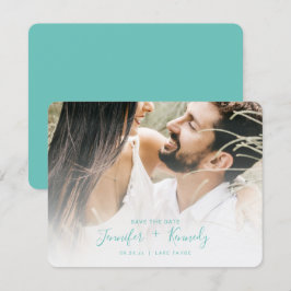 Minimalistisch White Overlay Aqua Script & Foto Save The Date