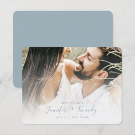 Minimalistisch White Overlay Dusty Blue Script & F Save The Date