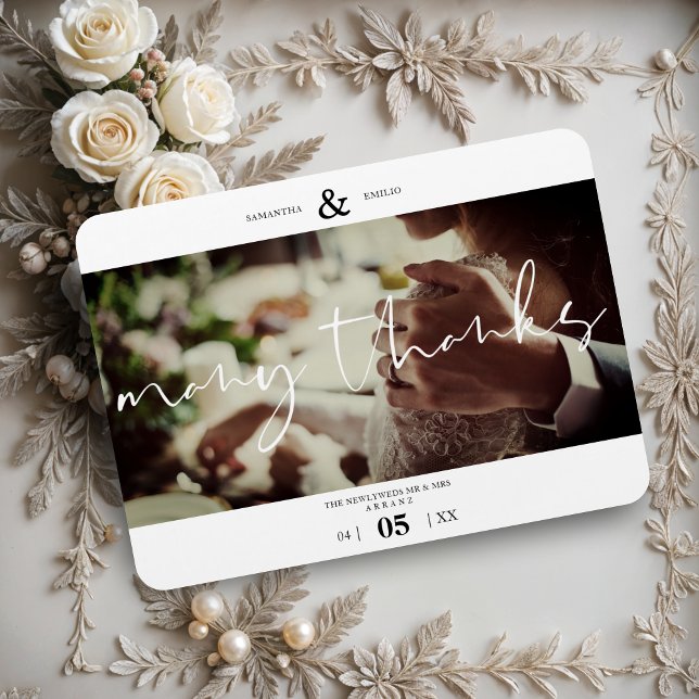 Minimalistisch White Vielen Dank Foto Couple Weddi Magnet (Modern Minimalist White Many Thanks Custom Photo Couple Wedding.)