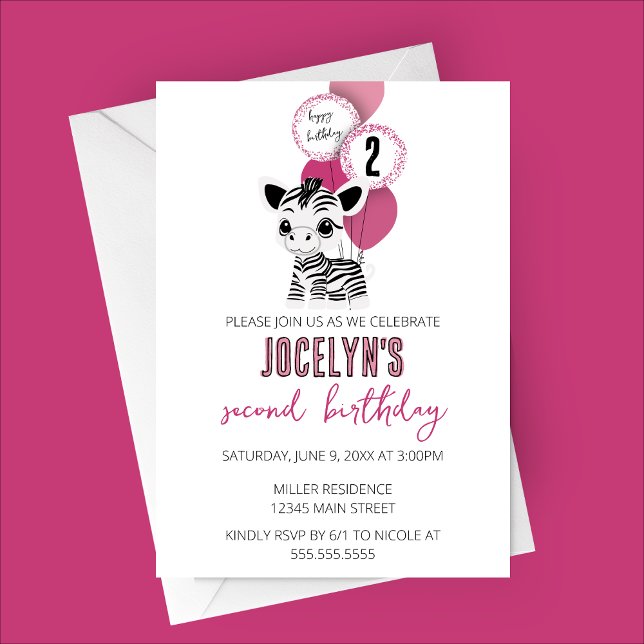 Minimalistisch Zebra Geburtstagsparty Einladung (Minimalist Zebra Birthday Party Invitation with Pink Balloons)