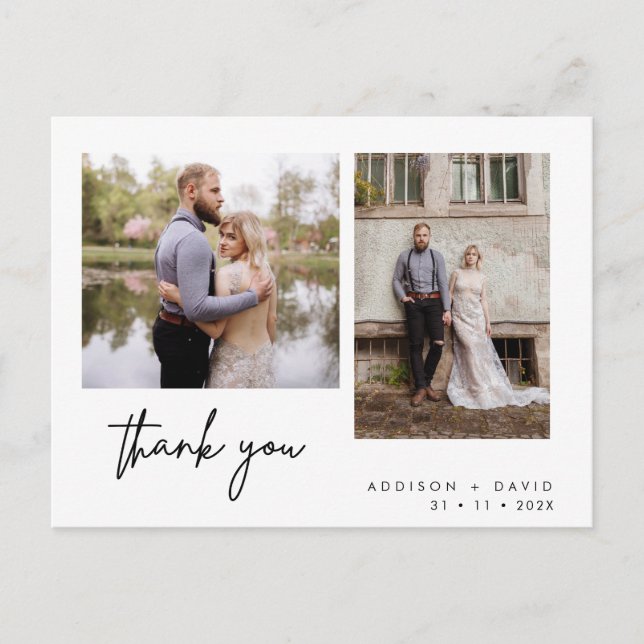 Minimalistisch zwei Foto Hochzeit Danke Postcard Postkarte (Vorderseite)