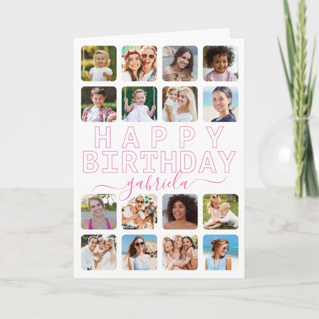 Minimalistische 16-Foto Grid Birthday Card - Moder Karte (Vorderseite)