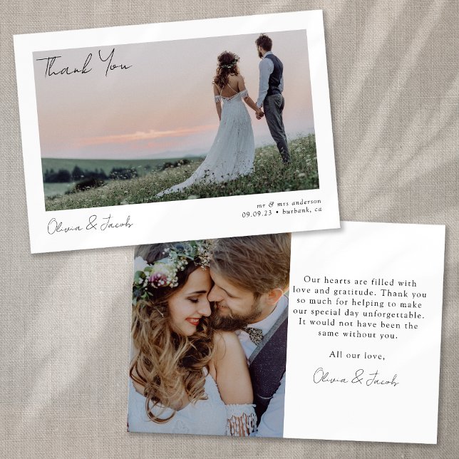 Minimalistische 2-Foto-Kalligrafie-Hochzeit Dankeskarte (Von Creator hochgeladen)