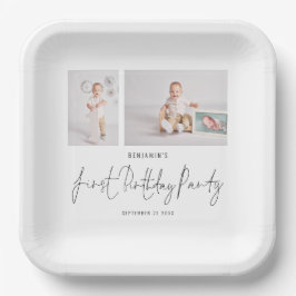 Minimalistische 2 Foto Script Erste Geburtstagspar Pappteller