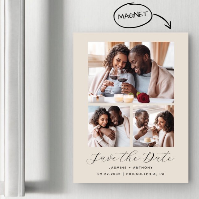 Minimalistische 3-Foto Collage Beige Save the Date Magneteinladung (Von Creator hochgeladen)