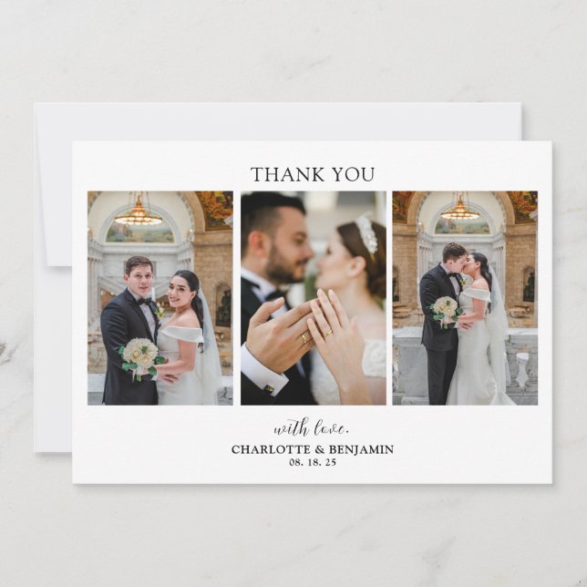 Minimalistische 3-Foto-Script-Hochzeit Danke-Karte Dankeskarte (Vorderseite)