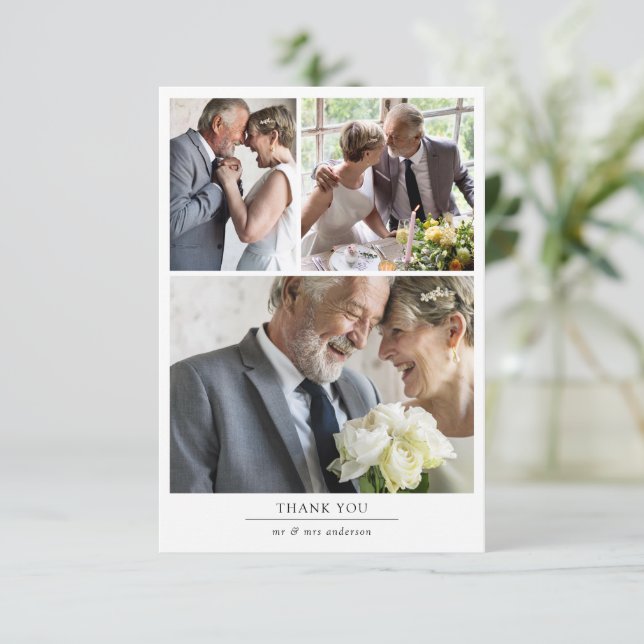 Minimalistische 4-Foto Hochzeit Dankeskarte (Stehend Vorderseite)