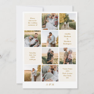 Minimalistische 9-Foto-Elfenbeinweiße Hochzeitsein Einladung