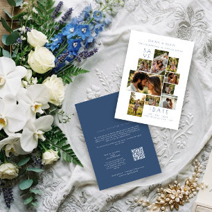 Minimalistische 9-Foto-Hochzeitscollage Dusty Blue Mitteilungskarte