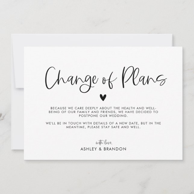 Minimalistische Änderung der Pläne für Hochzeiten  Einladung (Vorderseite)