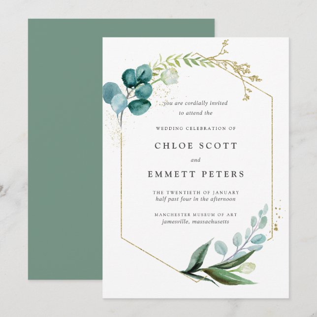 Minimalistische Aquamarine Blue Gold Botanische Ho Einladung (Vorne/Hinten)