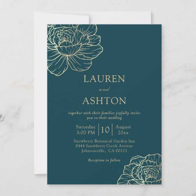 Minimalistische Aquamarine Goldblumenhochzeit Einladung (Vorderseite)