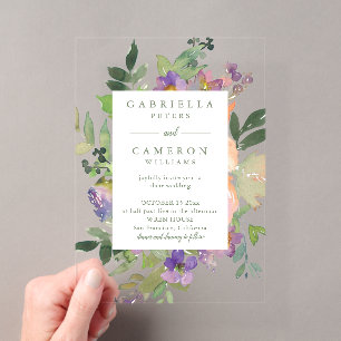 Minimalistische Aquarell-Lila-Chic-Floral-Hochzeit Acryleinladungen
