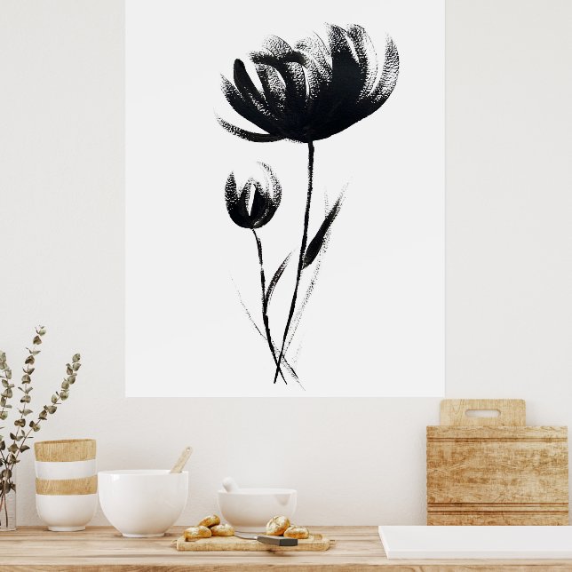 Minimalistische Aquarellbilder Blume Schwarz Kunst Poster (Küche)