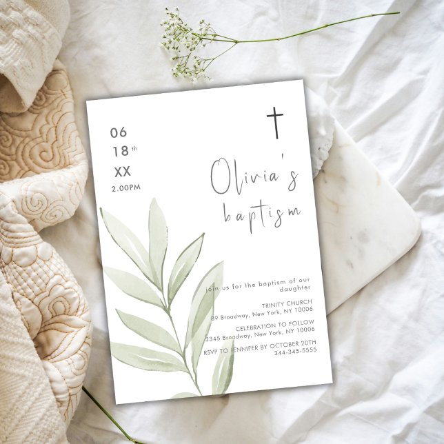Minimalistische Aquarellfarben-Blätter Kreuztaufe Einladung (Minimalist Watercolor Leave Cross Baptism Invitation)