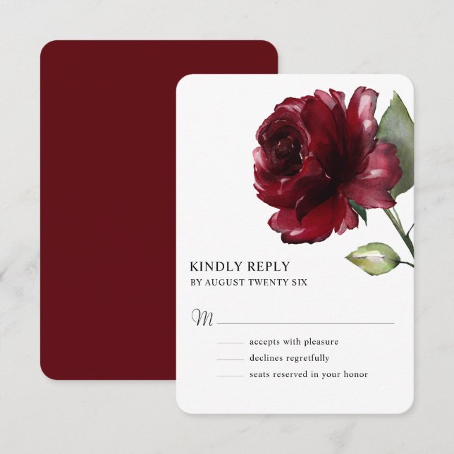 Minimalistische Aquarellfarben Deep Red Burgundy B RSVP Karte (Vorne/Hinten)