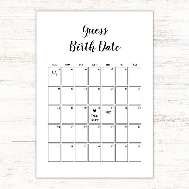 Minimalistische Baby-Dusche Ratschlag Fälligkeitsd Karte (baby shower game guess due date calendar, minimalist black and white gender neutral, guess birth)