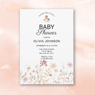 Minimalistische Baby-Party mit zarten rosa Blumenm Einladung