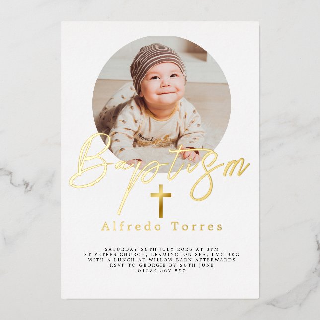 Minimalistische Baby-Taufe Einladung mit Foto (Vorderseite)