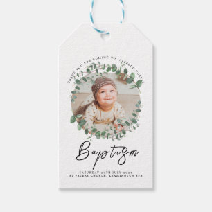 Minimalistische Baby-Taufe Einladung mit Foto Geschenkanhänger