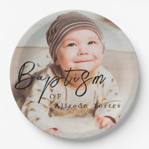 Minimalistische Baby-Taufe Einladung mit Foto Pappteller