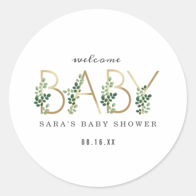 Minimalistische Babydusche mit botanischer Schrift Runder Aufkleber (Vorderseite)