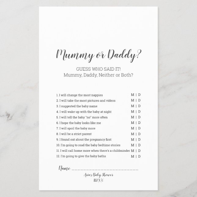 Minimalistische Babydusche Mummy oder Daddy Game F Flyer (Vorne)