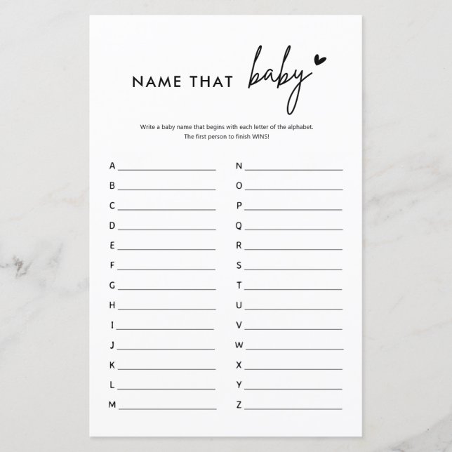 Minimalistische Babydusche Name dieses Babyspiels (Vorderseite)
