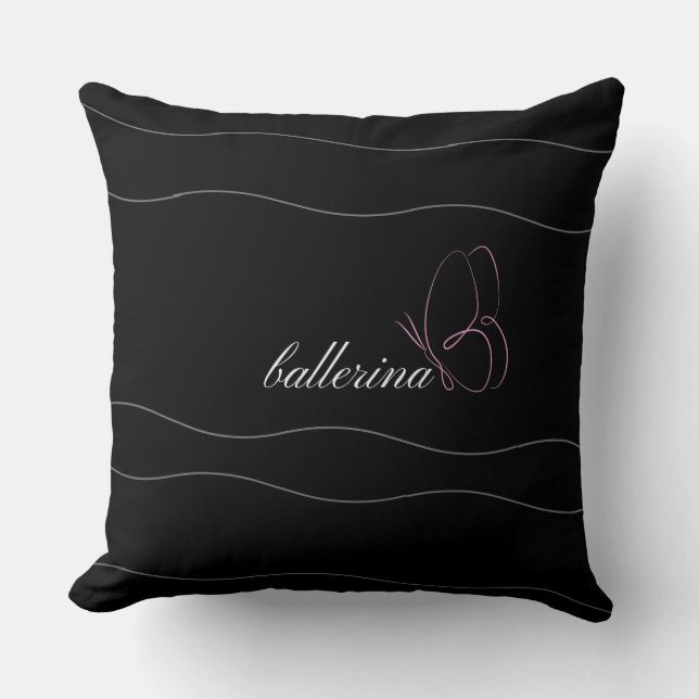 Minimalistische Ballerina und rosa Butterfly Black Kissen (Vorderseite)