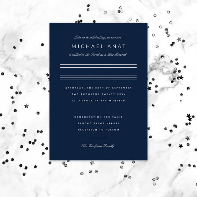 Minimalistische Bar Mitzvah Navy Blue Silver Folieneinladung (Von Creator hochgeladen)