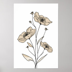 Minimalistische beige Blumenlinie-Kunst Moderne Poster