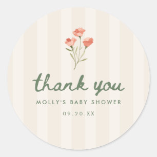 Minimalistische beige gestreifte florale Babyparty Runder Aufkleber
