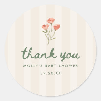 Minimalistische beige gestreifte florale Babyparty Runder Aufkleber