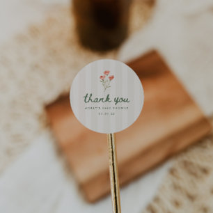 Minimalistische beige gestreifte florale Babyparty Runder Aufkleber
