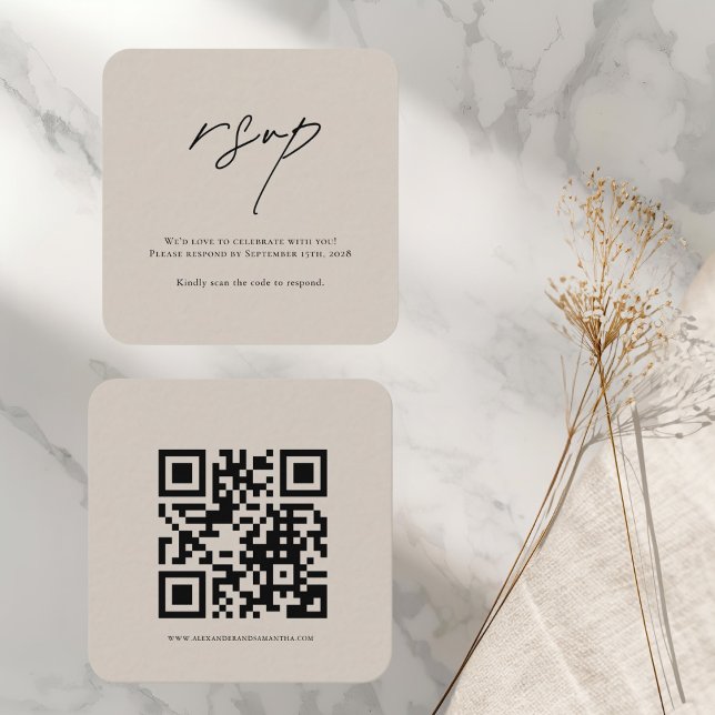 Minimalistische Beige-Hochzeitkarte mit QR-Code Begleitkarte (Von Creator hochgeladen)