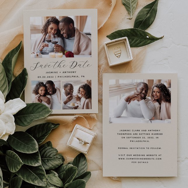 Minimalistische Beige mit 4 Fotos Save The Date (Von Creator hochgeladen)