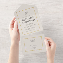 Minimalistische Beige-Monogramm-Wildblume All In One Einladung