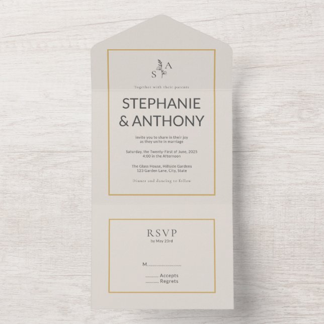 Minimalistische Beige-Monogramm-Wildblume All In One Einladung (Innen Boden)